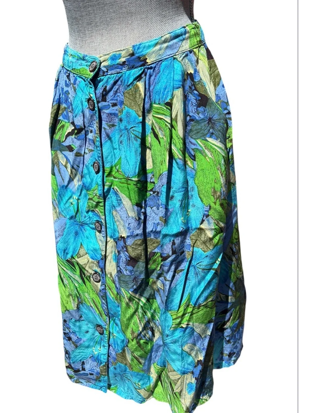 Vintage Lyceene Floral Button-Down Midi Skirt Blue Green M Resort Maximalist